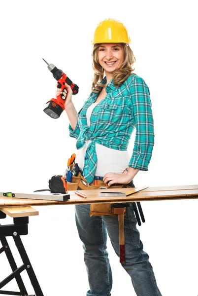 Gülümseyen kadın marangoz — Stok fotoğraf