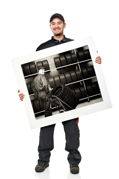 Smiling worker with board — Stock Photo, Image