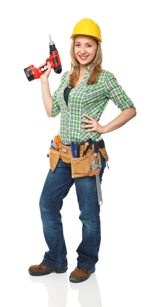 Woman with red drill — Stock Photo, Image