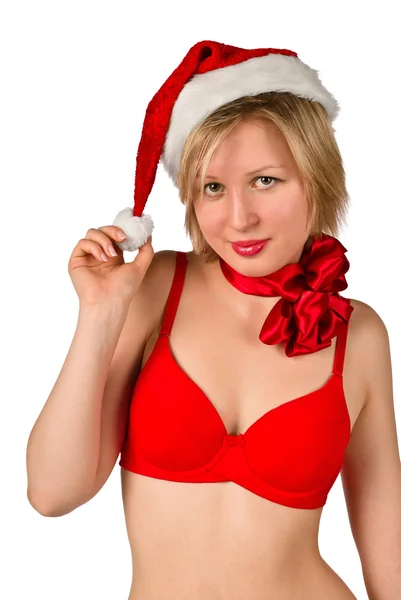 在红色的圣诞帽圣诞女孩 — 图库照片