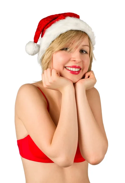 Menina de Natal em chapéu vermelho de santa — Fotografia de Stock