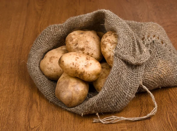 在粗麻布袋，侧身收获土豆 — 图库照片