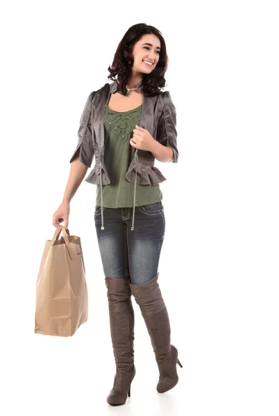 Young woman with shopping and cash — Stock Photo, Image