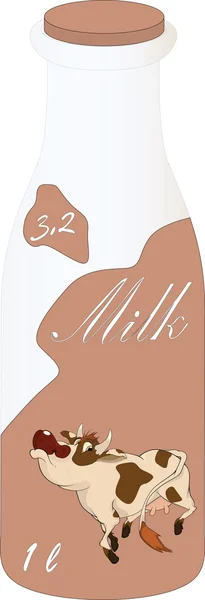 Flasche mit Milch und einer freundlichen Kuh. Karikatur — Stockvektor