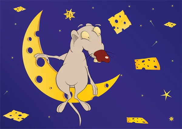 Rato na lua no país dos queijos. Desenhos animados — Vetor de Stock