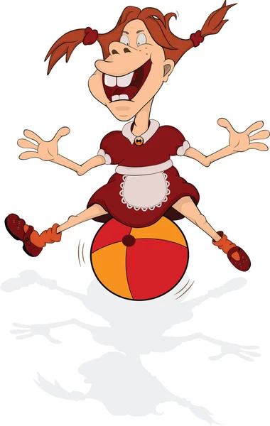 La ragazza sorridente allegra gioca con una palla. Cartone animato — Vettoriale Stock