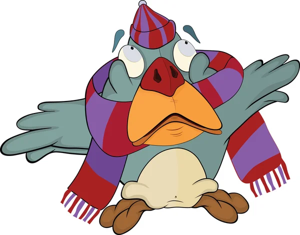 Vogelbaby, Sperling mit Mütze und Schal. Karikatur — Stockvektor