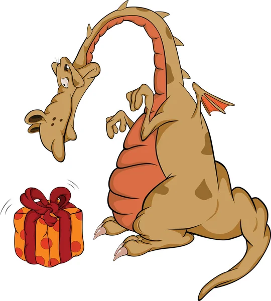 Pequeño dragón verde y caja con un regalo. Caricatura — Archivo Imágenes Vectoriales