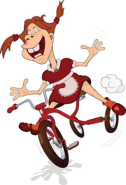 La chica alegre y el triciclo. Caricatura — Vector de stock