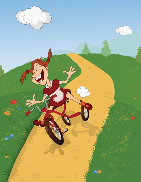 Den glada flickan går för en enhet på en cykel. Cartoon. — Stock vektor