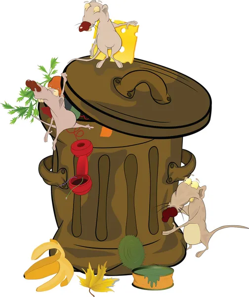Banco de lixo e ratos. Desenhos animados — Vetor de Stock