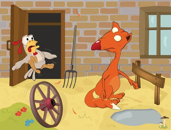 Fox en pik. een geval in dorp. Cartoon — Stockvector