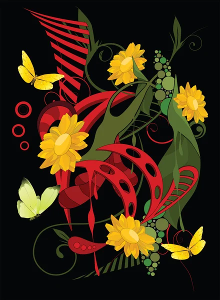 Patrón abstracto con flores y mariposas — Vector de stock