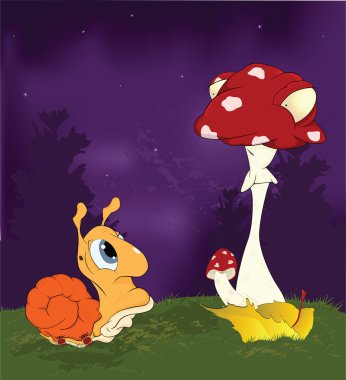 Fairy tale about a snail and a mushroom a fly agaric.Cartoon clipart