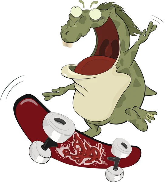 大きな緑色のヒキガエルそしてスケート ボード。漫画 — ストックベクタ