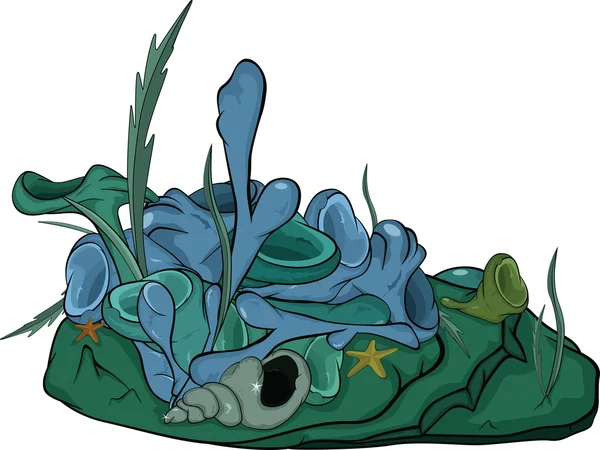 Sea bottom with seaweed plants and a cockleshell. Cartoon — Stock Vector