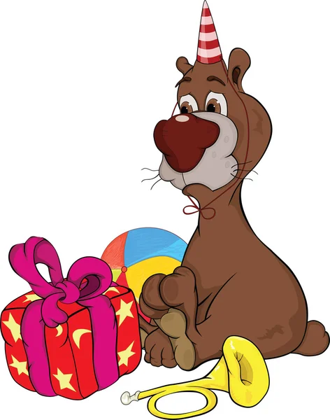 Anniversaire. Un ours et des cadeaux. Caricature — Image vectorielle