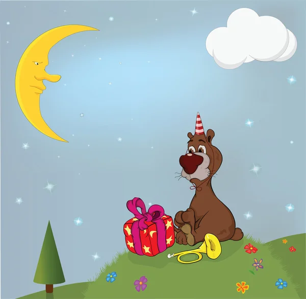 誕生日。クマと、空き地にプレゼント。漫画 — ストックベクタ