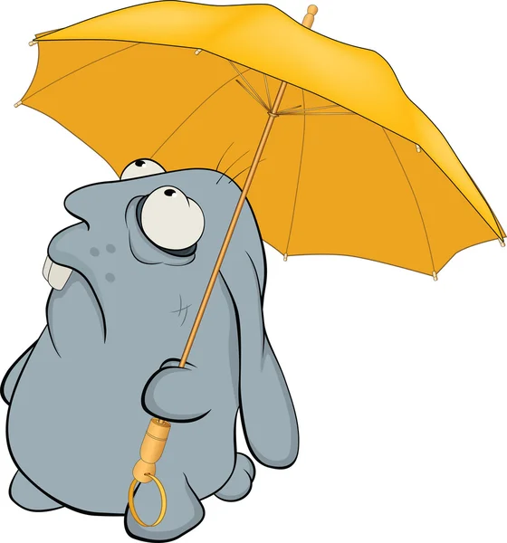 Conejo azul y paraguas. Caricatura — Vector de stock