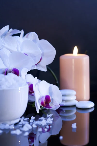 stock image Sea salt with candle and orchid