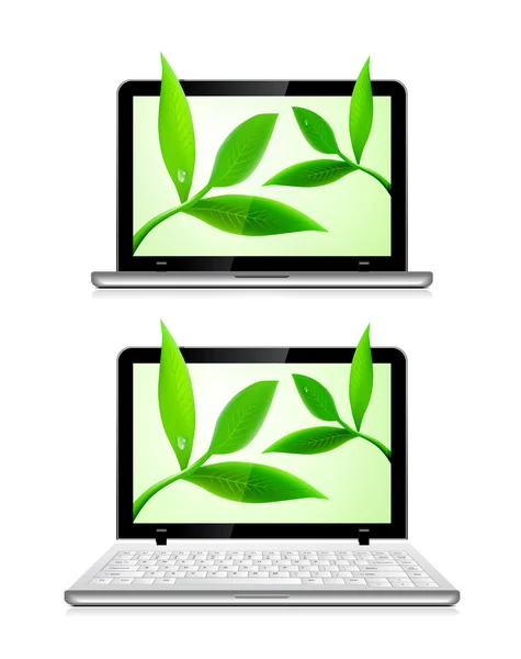 白い背景の上の葉を持つノート パソコン — ストックベクタ