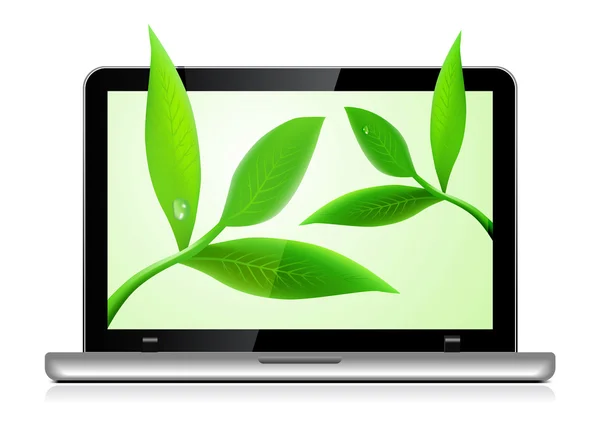 Laptop com folhas no fundo branco — Vetor de Stock