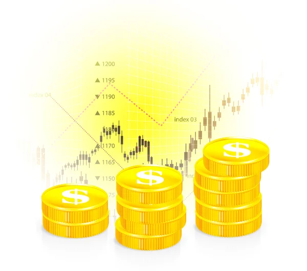 Ilustración vectorial del gráfico de negocios con monedas — Vector de stock