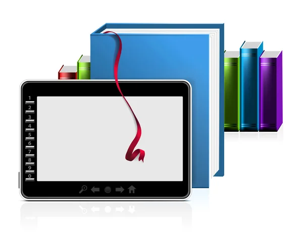 E-book reader con pila di libri su bianco — Vettoriale Stock