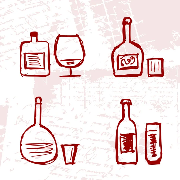 一套酒精的瓶子和酒杯上垃圾背景 — 图库矢量图片