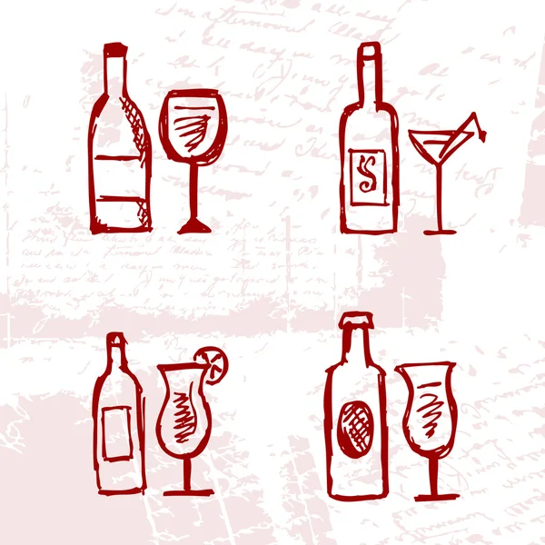 Set of alcohol's bottles and wineglasses on grunge background — Stock Vector