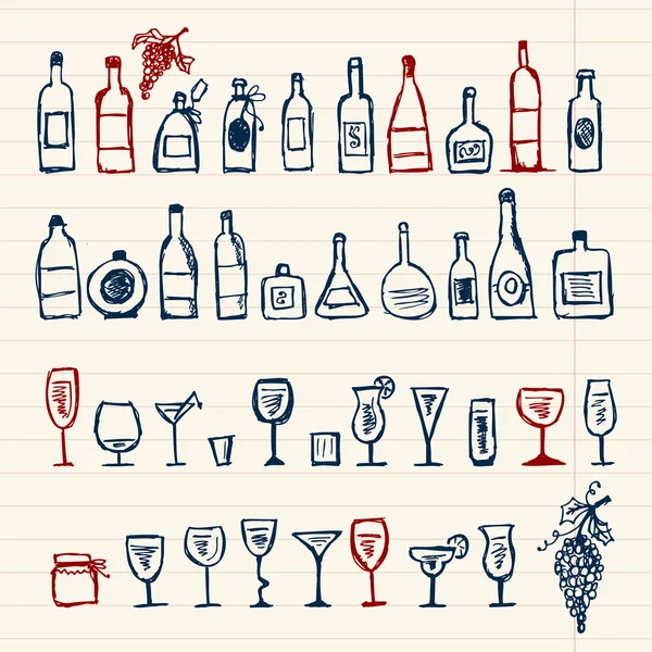 Skiss av alkoholens flaskor och vinglas — Stock vektor