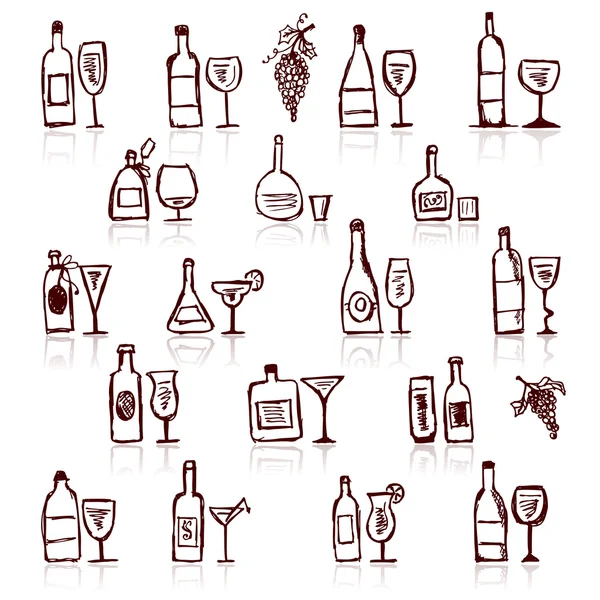 Alkol şişeleri ve şarap bardakları. — Stok Vektör