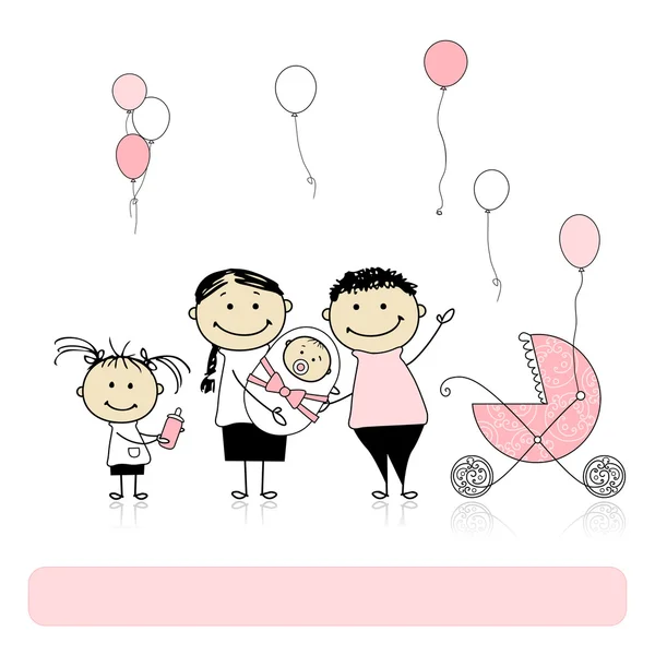 Happy birthday, parents with children, newborn baby — Stock Vector