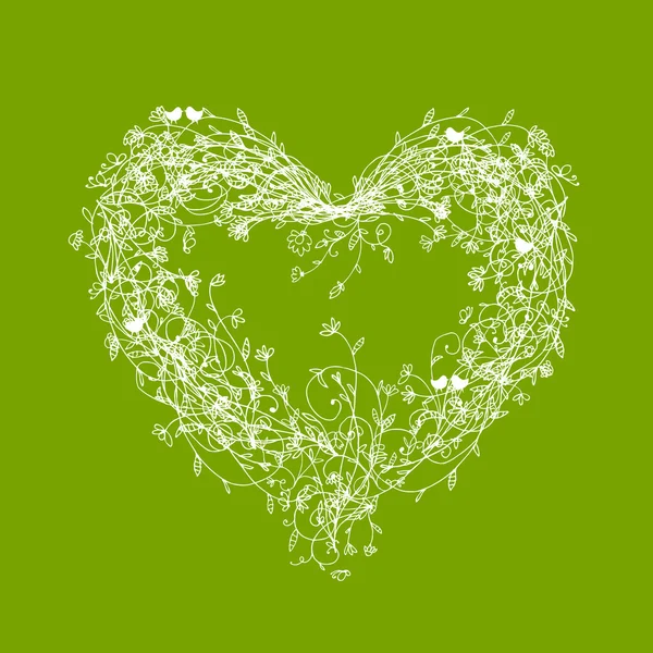 Cornice floreale bianca, forma di cuore su verde — Vettoriale Stock