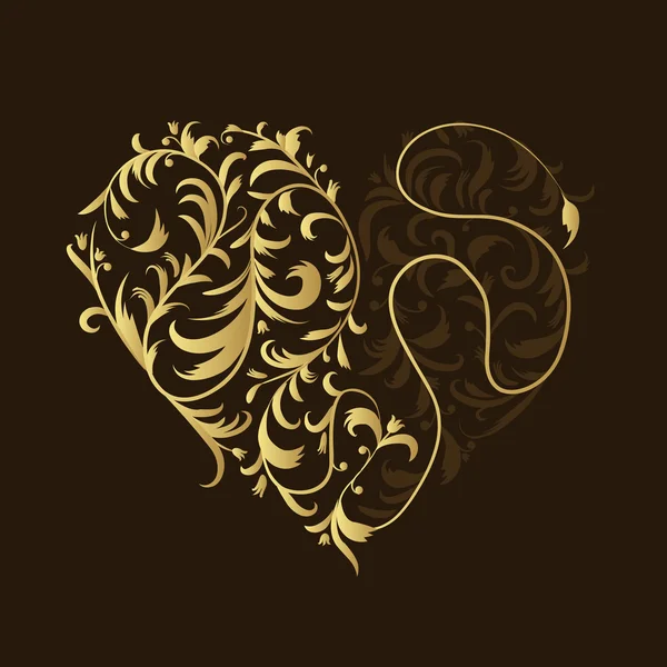 Adorno floral, forma de corazón dorado para su diseño — Vector de stock
