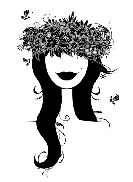 Donna silhouette testa con corona floreale — Vettoriale Stock