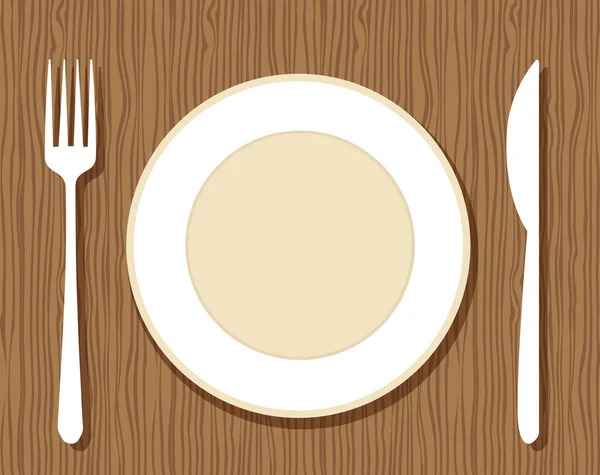 Empty plate with fork and knife on wooden background for your design — Stock Vector