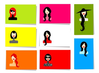 Set of woman's portraits, 10 cards for your design with place for your text clipart
