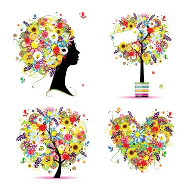 Summer style - tree, frame, bouquet, female head for your design clipart