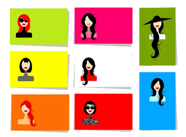 Zestaw kobiecych portretów, 10 kart do Twojego projektu z miejscem na tekst — Wektor stockowy