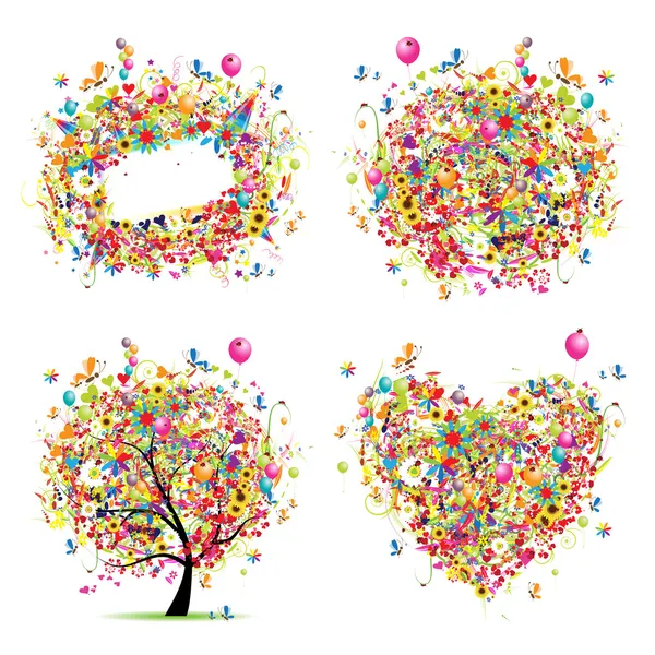 假日风格-树，框架，花，心脏为您的设计 — 图库矢量图片