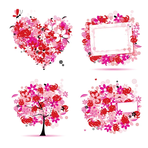 Letní styl růžová - strom, rám, kytice, srdce pro váš design — Stockový vektor