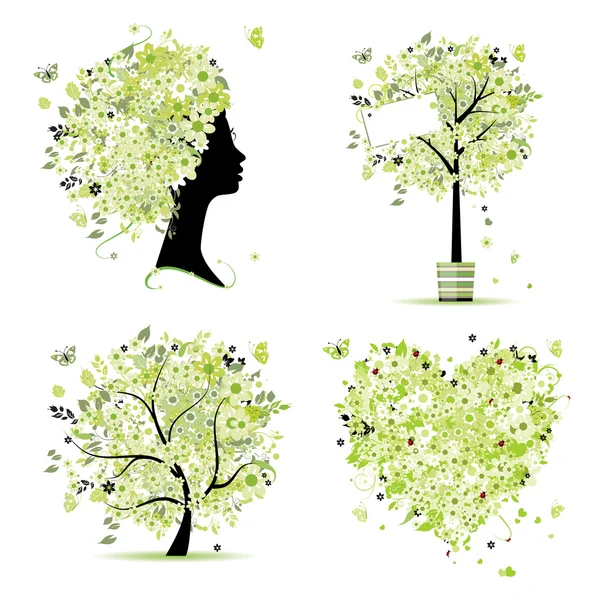 Estilo primavera - árbol, marco, cabeza femenina, corazón para su diseño — Vector de stock