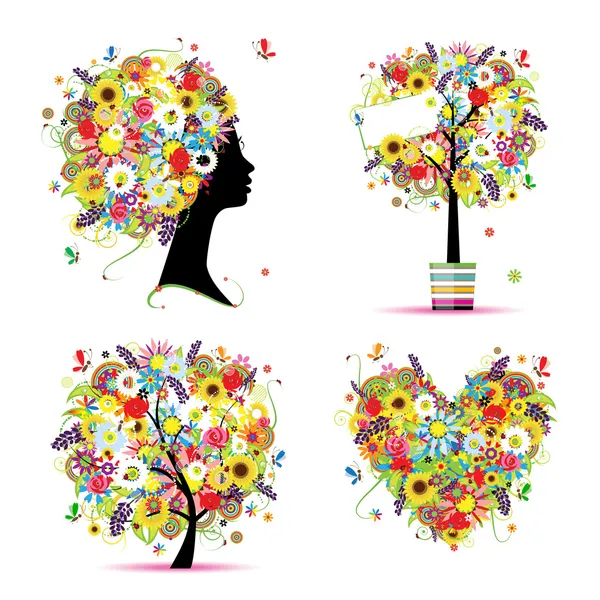 夏天风格-树，框架，花束，你的设计的女性头 — 图库矢量图片