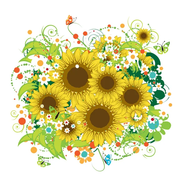 あなたのデザインのためのひまわりと夏の花束 — ストックベクタ