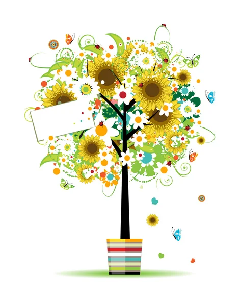Sommarträd i krukan med kort för din design — Stock vektor