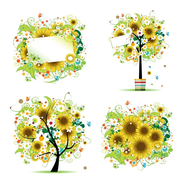 Sommar stil med solrosor - träd, ramar, bukett för din design — Stock vektor