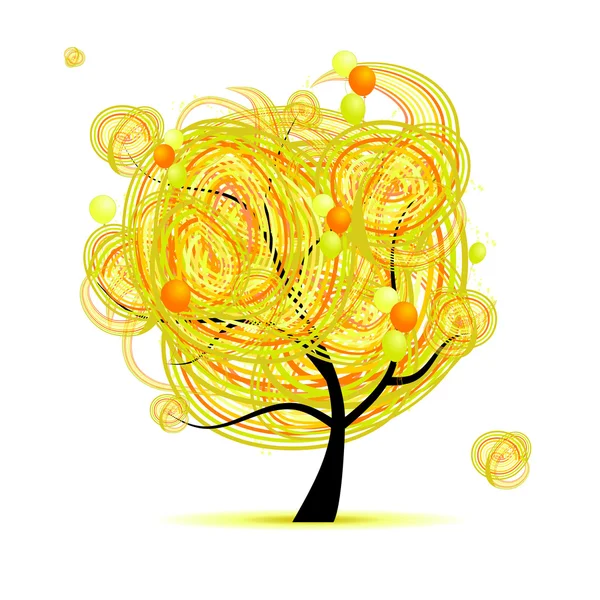Árbol amarillo divertido con globos para su diseño — Vector de stock