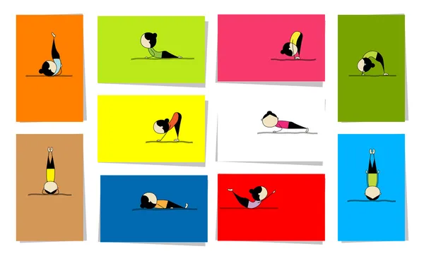 Mujer practicando yoga, 10 tarjetas para tu diseño — Vector de stock