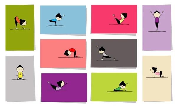 Mujer practicando yoga, 10 tarjetas para tu diseño — Vector de stock